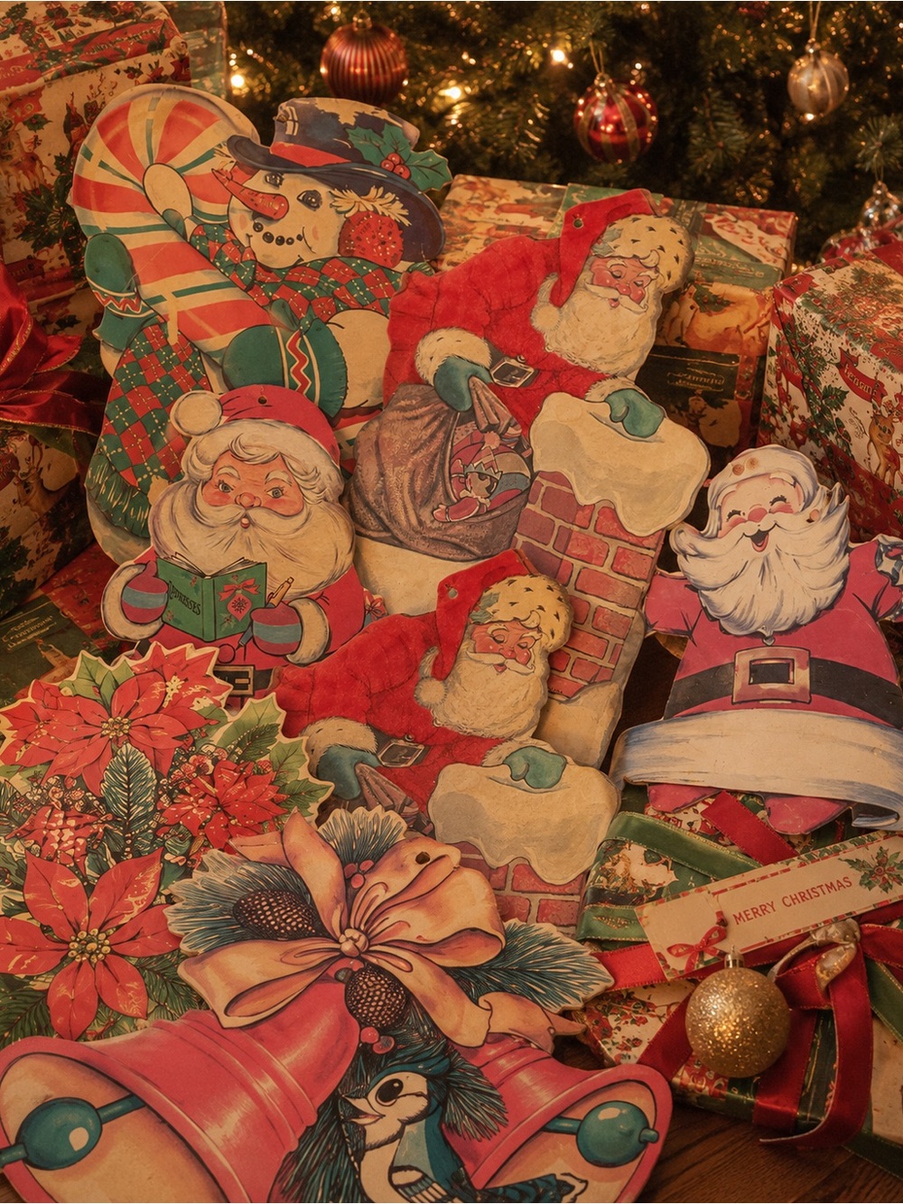 Beistle Eureka Vintage Christmas Die Cut Wall Decor Lot Flocked Santa Snowman